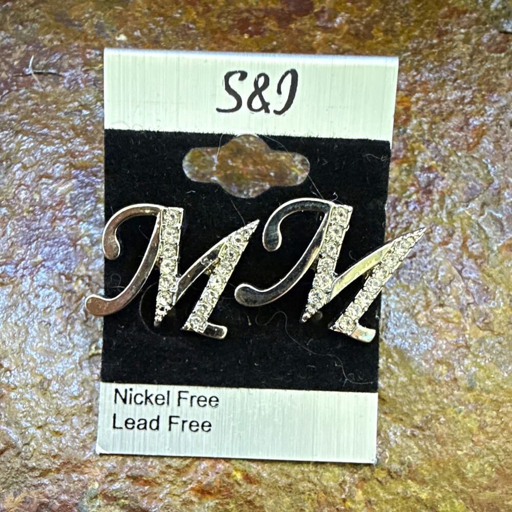 Y2K Letter M Clear Rhinestone Stud Earrings Silver Tone Butterfly Nickel Free